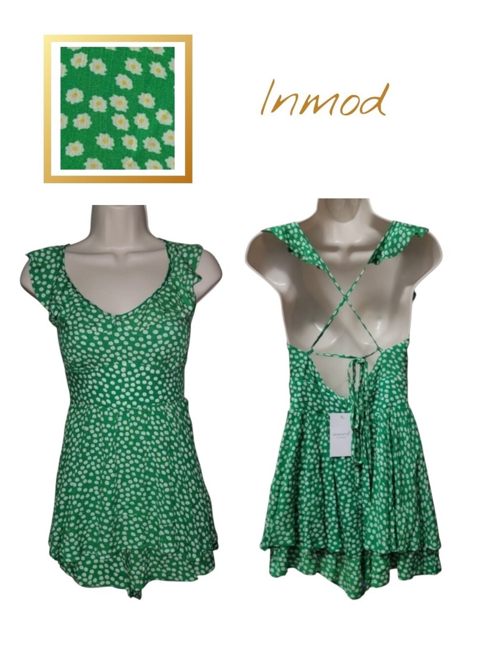 NWT Inmod Green Daisy Ruffle Romper Medium 100% Rayon